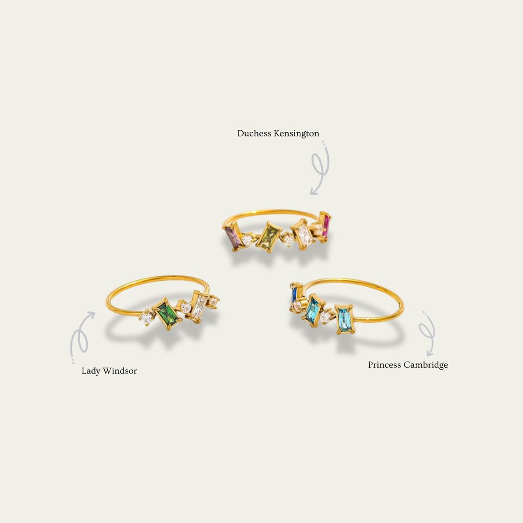 Waterproof Duchess Kensington ring featuring multi-colored purple olive green and magenta baguette crystals.