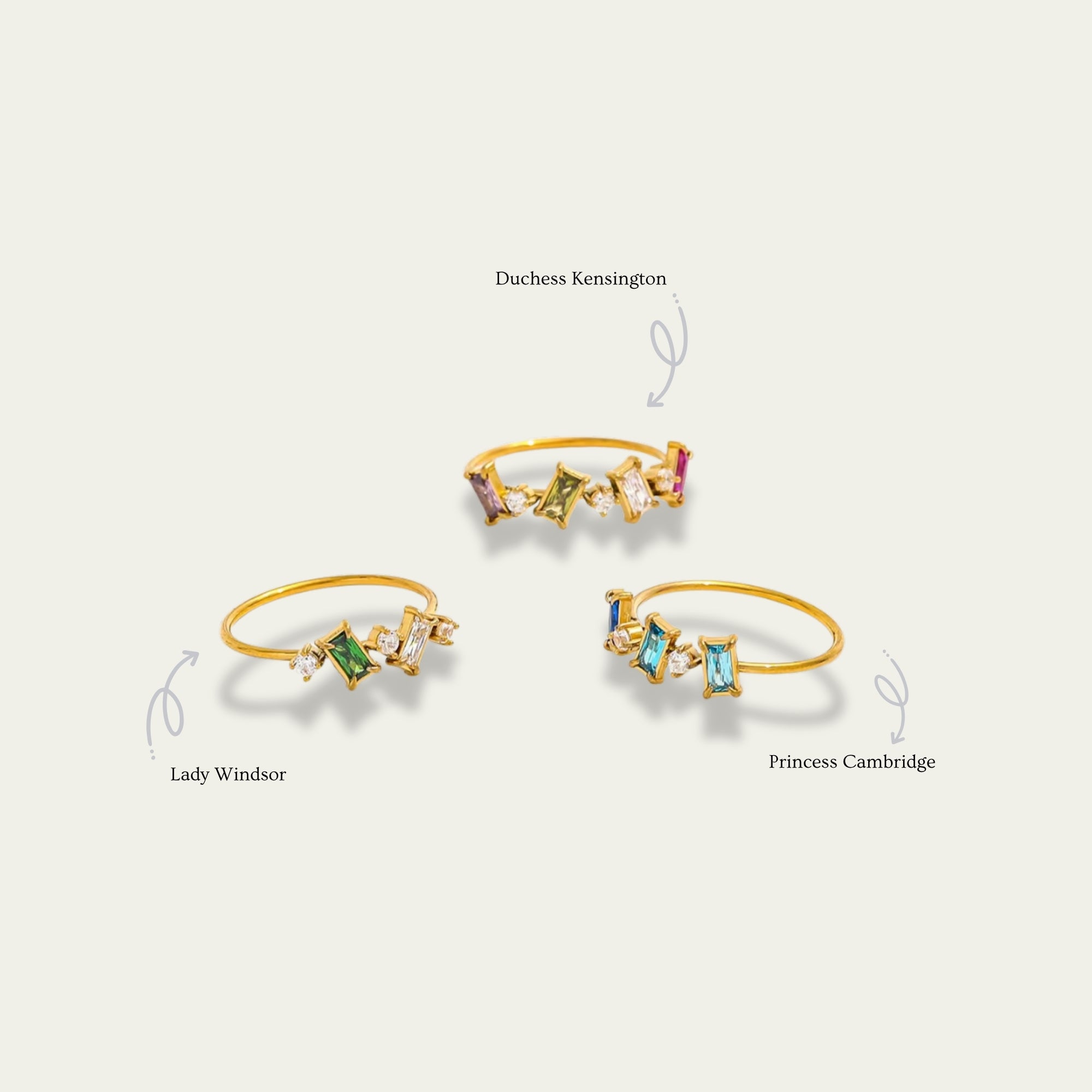 Waterproof Duchess Kensington ring featuring multi-colored purple olive green and magenta baguette crystals.