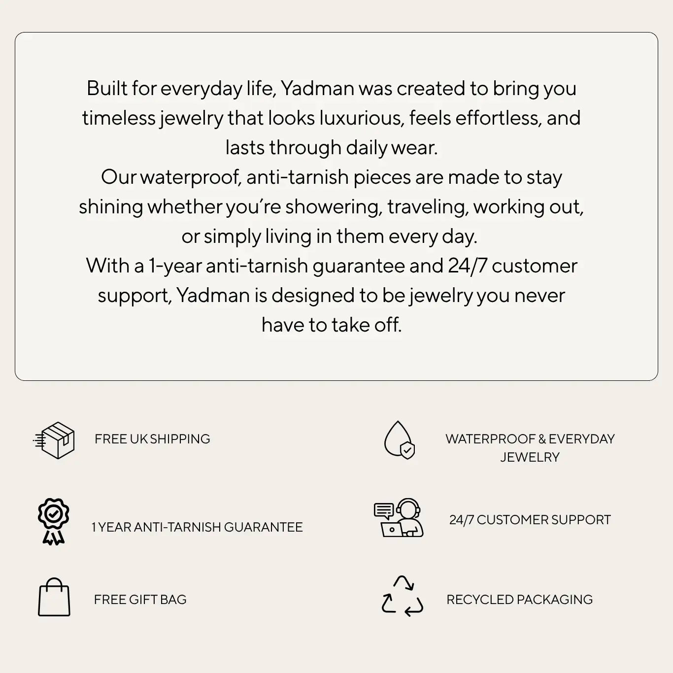 Promotional text and icons for Yadman jewelry on a white background