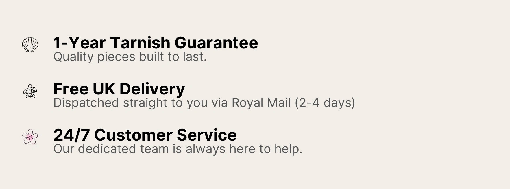 Jewellery store trust badges showing 1-year tarnish guarantee, free UK delivery via Royal Mail, and 24/7 customer service for waterproof jewellery and everyday accessories.