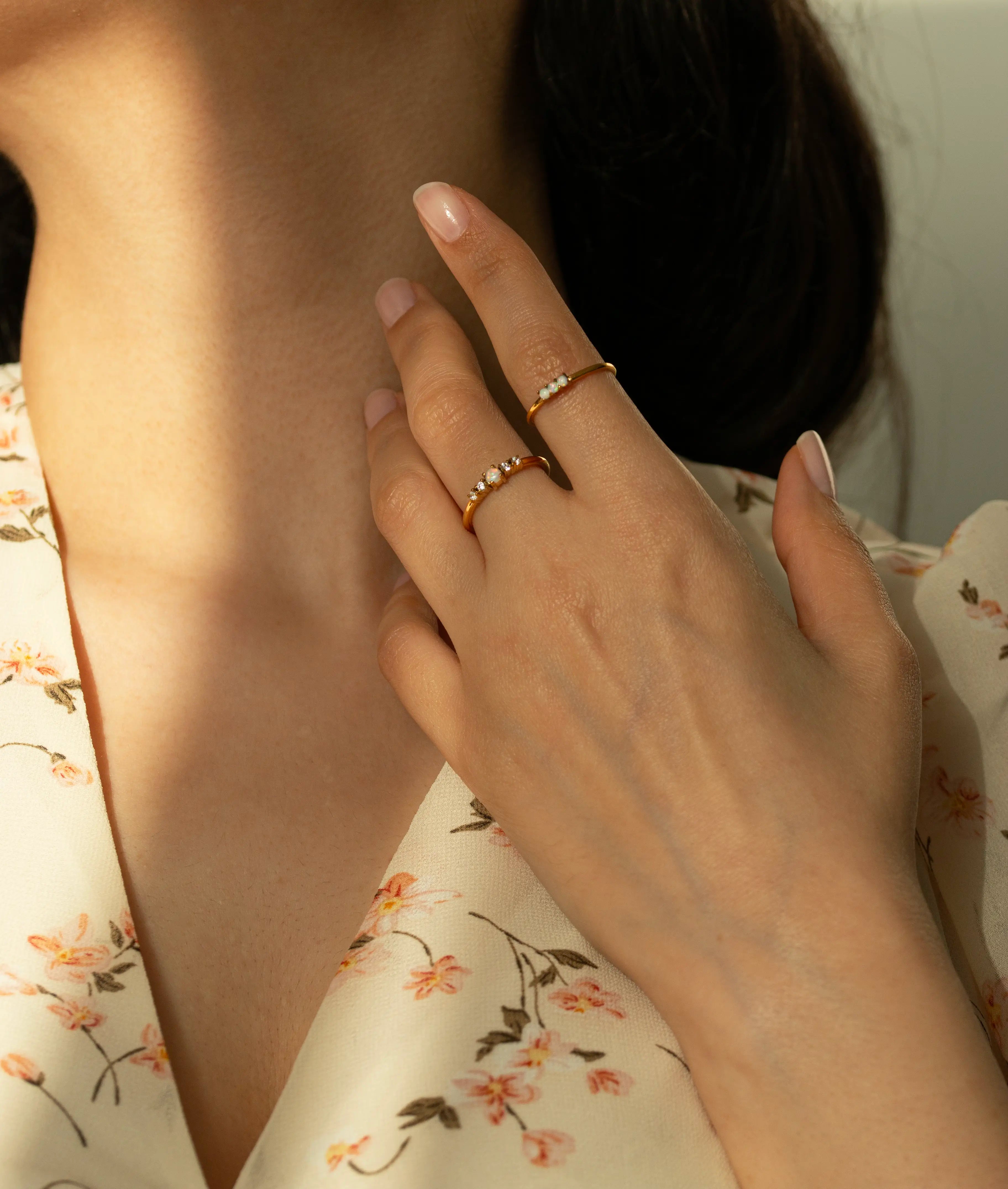  Real white opal gold ring, October birthstone jewelry gift idea. Delicate handcrafted crystal ring for stacking, fine bohemian style jewelry with a natural round fiery opal stone.