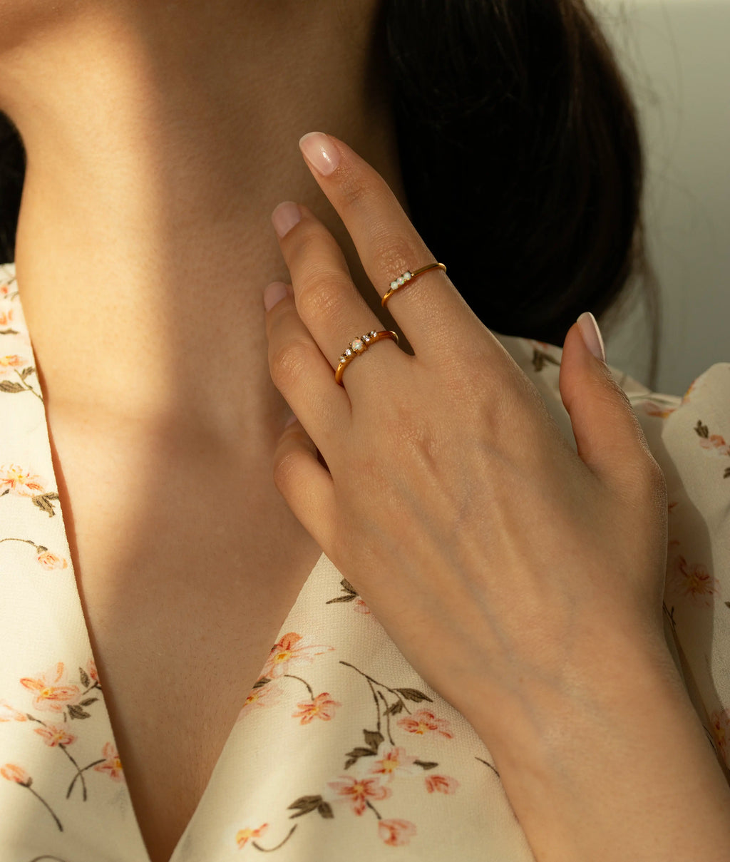 Trendy three stone white opal gold ring for women. Delicate handcrafted round opal trilogy ring, aesthetic bohemian fine jewelry and minimalist daily wear band.