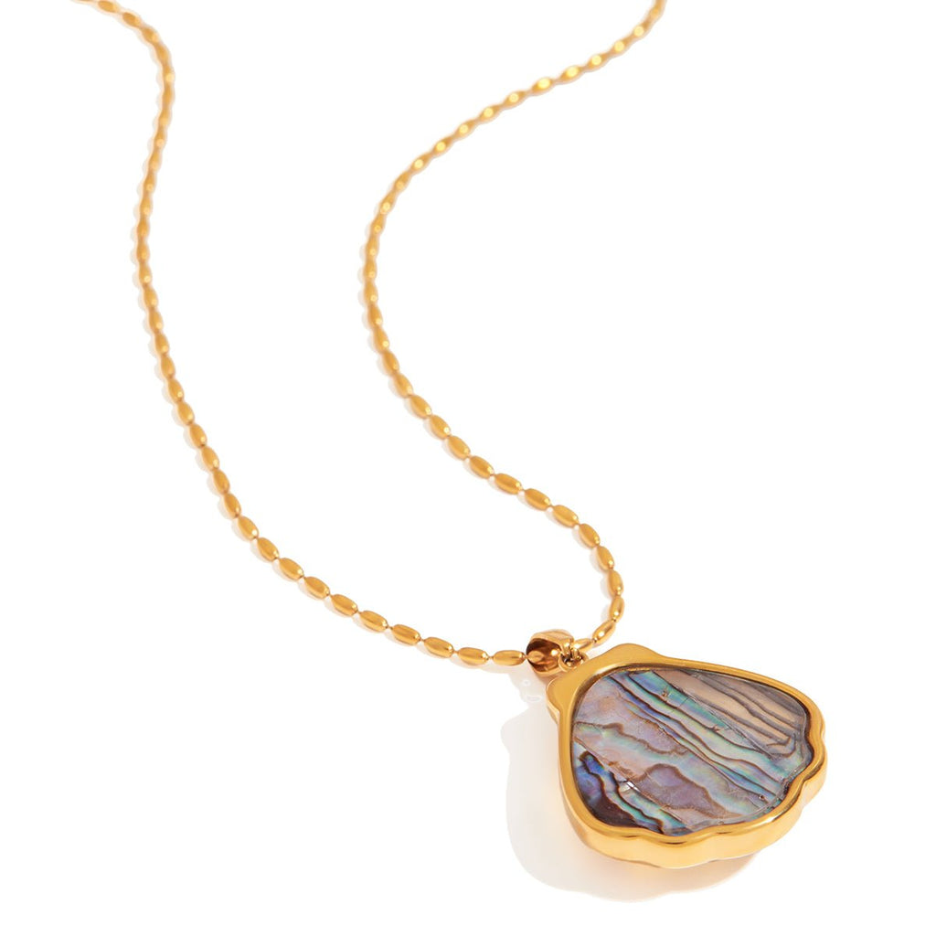 Necklace with a multicolored stone pendant on a white background