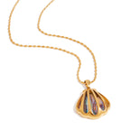 Gold necklace with a colorful pendant on a white background