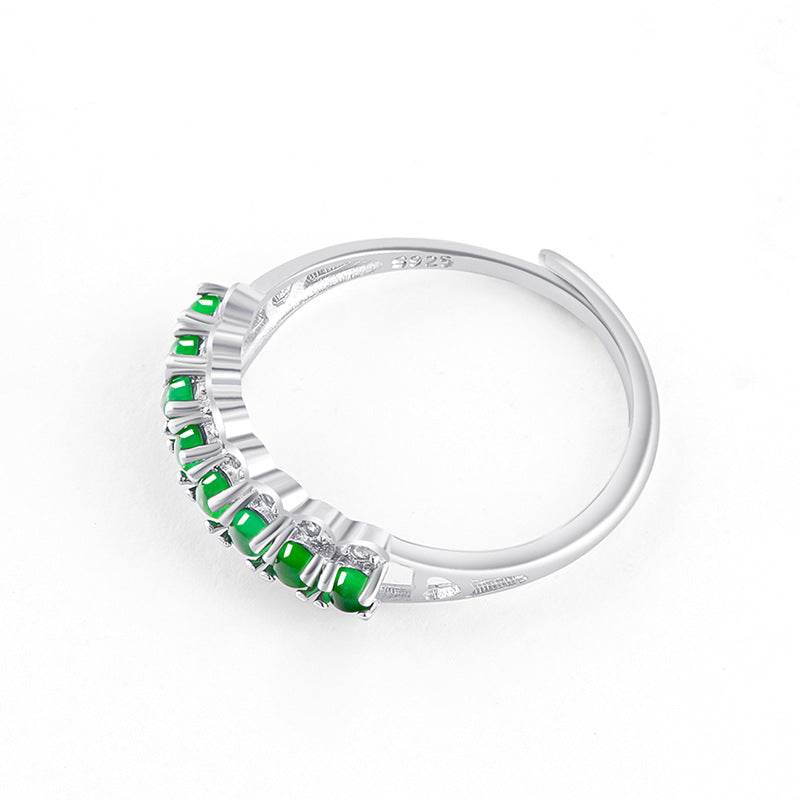 Elegant jade row ring with platinum finish and simple design