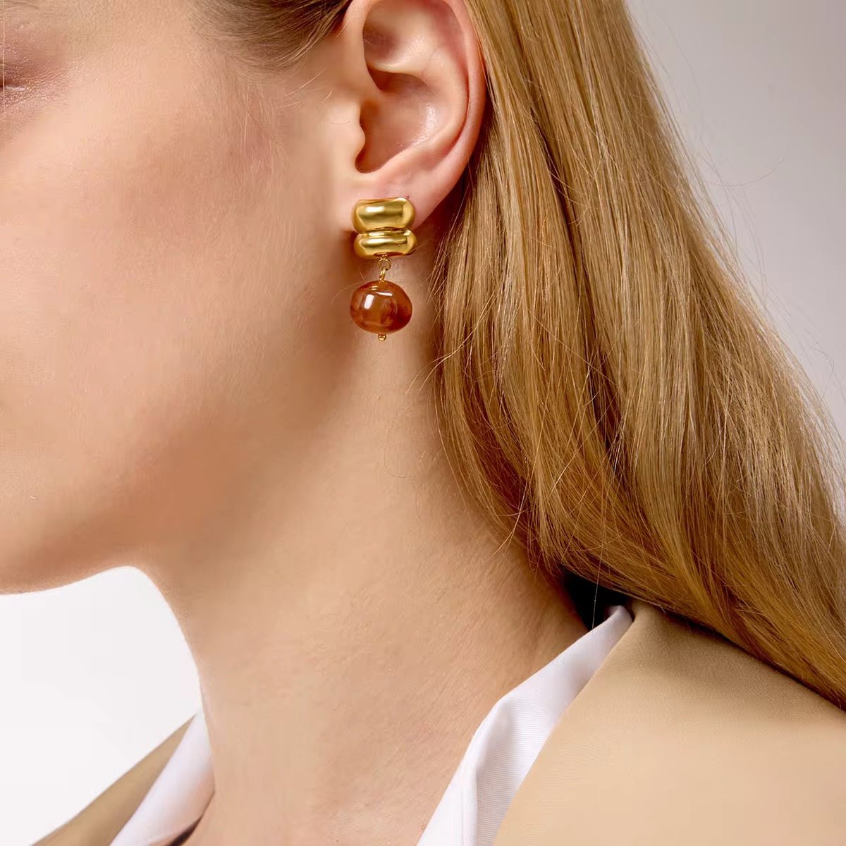 Amber Solstice Organic Stone Drops - 18k Gold PVD Plated Stainless Steel & Waterproof - Yadman UK