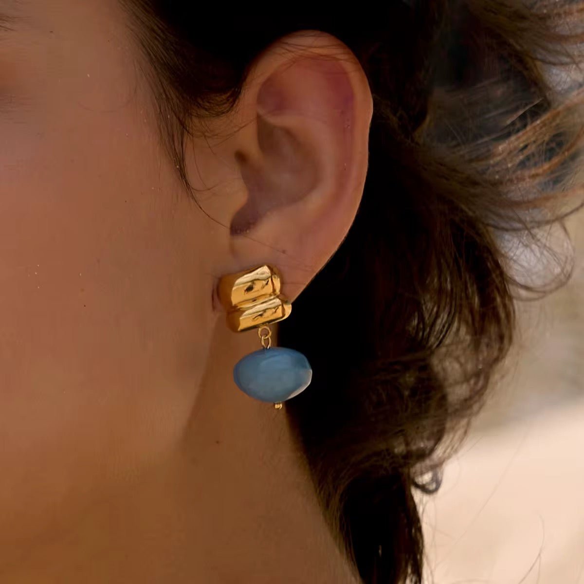 Amber Solstice Organic Stone Drops - 18k Gold PVD Plated Stainless Steel & Waterproof - Yadman UK