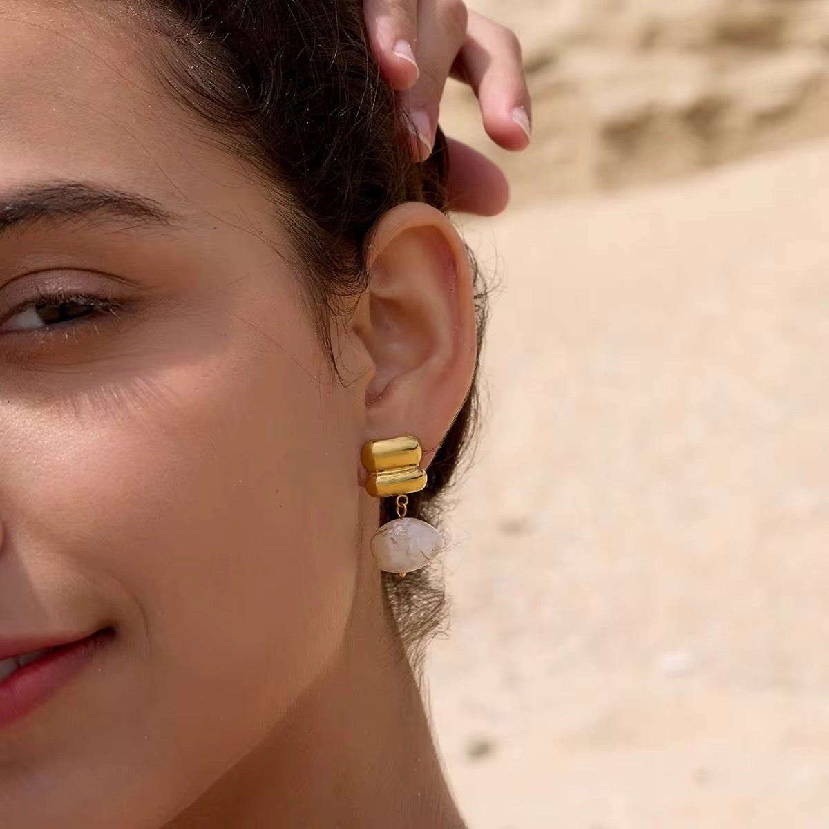 Amber Solstice Organic Stone Drops - 18k Gold PVD Plated Stainless Steel & Waterproof - Yadman UK