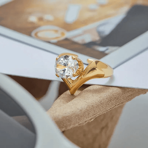 Aurora V - Shape Solitaire Statement Ring - 18k Gold PVD Plated Stainless Steel & Waterproof - Yadman UK