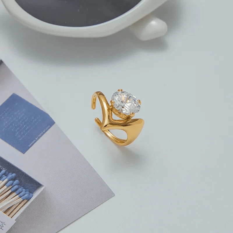 Aurora V - Shape Solitaire Statement Ring - 18k Gold PVD Plated Stainless Steel & Waterproof - Yadman UK
