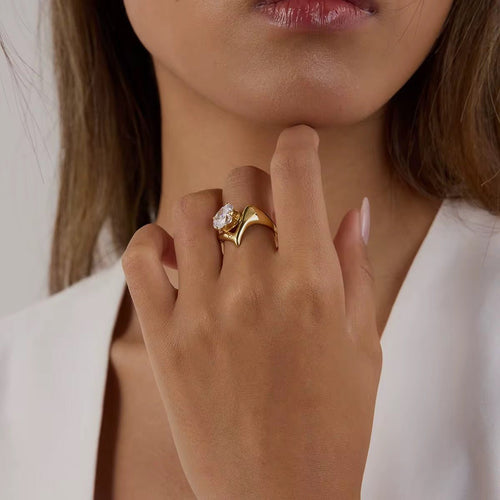 Aurora V - Shape Solitaire Statement Ring - 18k Gold PVD Plated Stainless Steel & Waterproof - Yadman UK