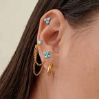 Close-up of an ear with gold hoop earrings and turquoise stones against a neutral background