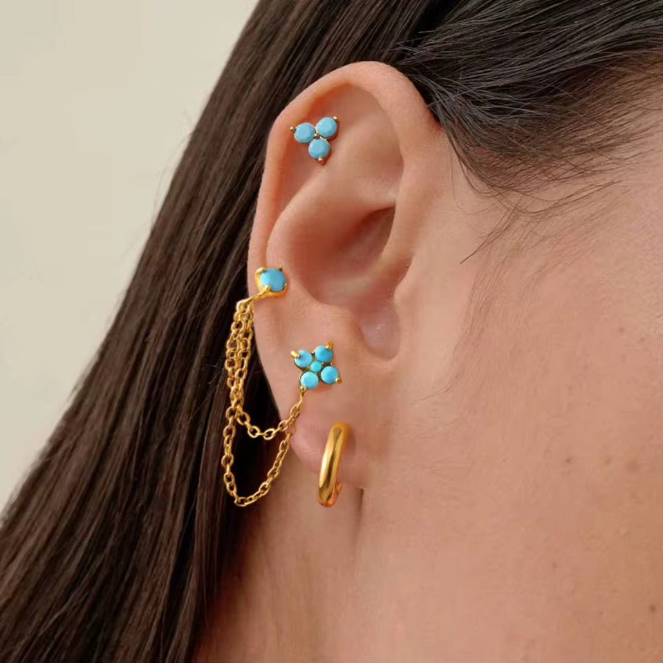 Close-up of an ear with gold hoop earrings and turquoise stones against a neutral background