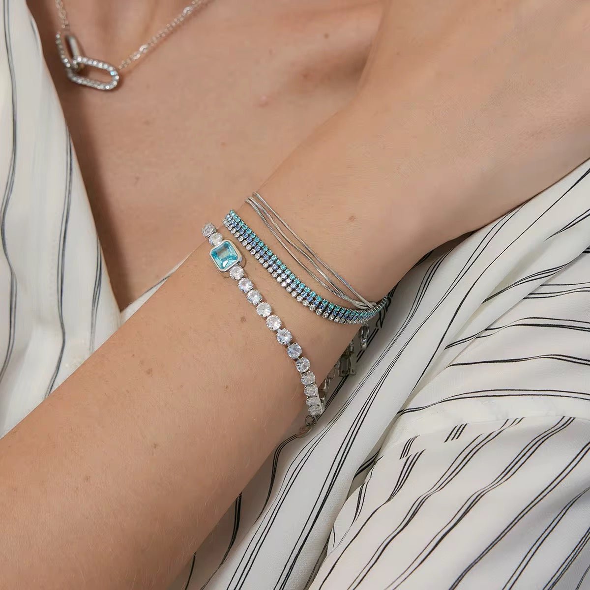 Azure Ombré Triple - Row Tennis Bracelet - Waterproof Silver Stainless Steel - Yadman UK
