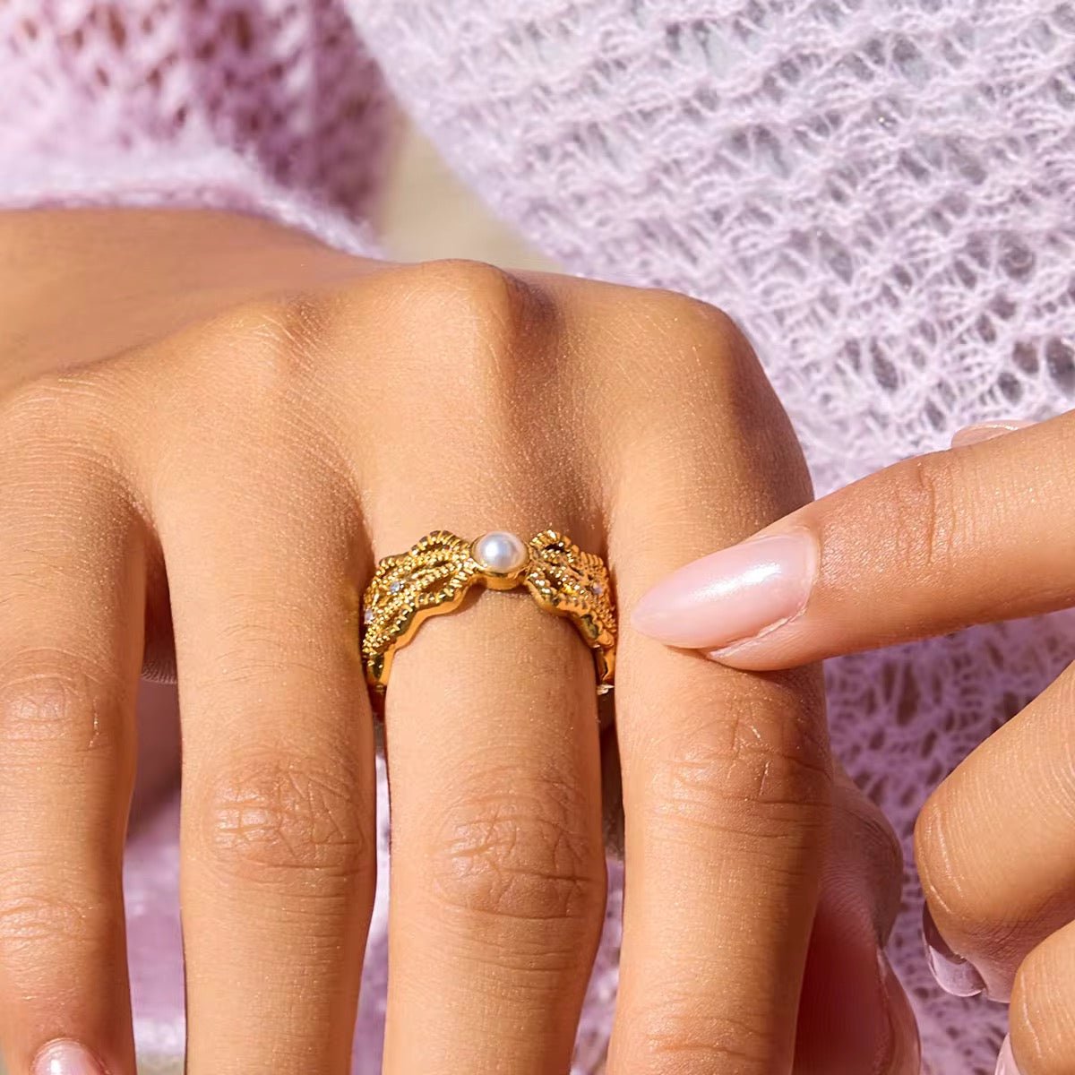 Ballerina’s Pearl Openwork Ring - 18k Gold PVD Plated Stainless Steel & Waterproof - Yadman UK