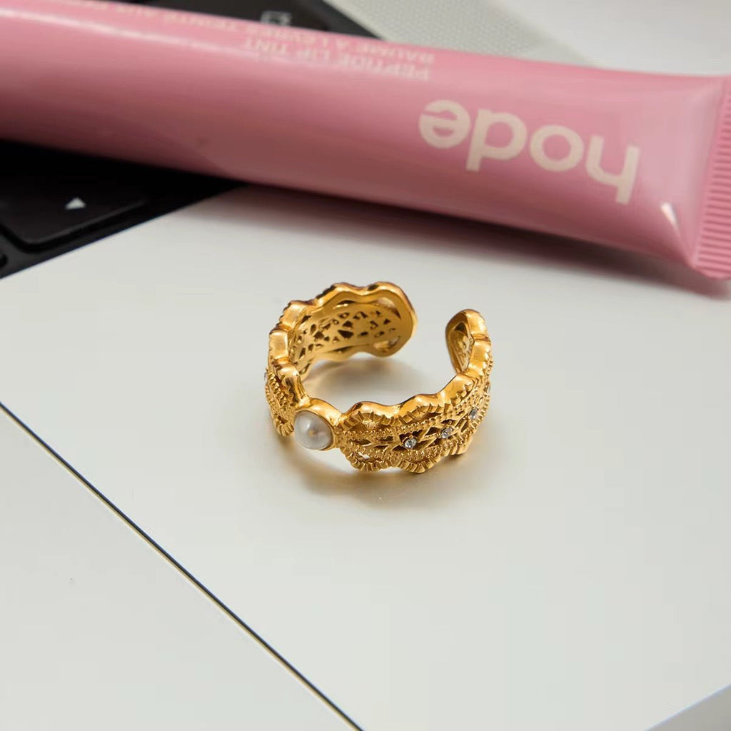 Ballerina’s Pearl Openwork Ring - 18k Gold PVD Plated Stainless Steel & Waterproof - Yadman UK
