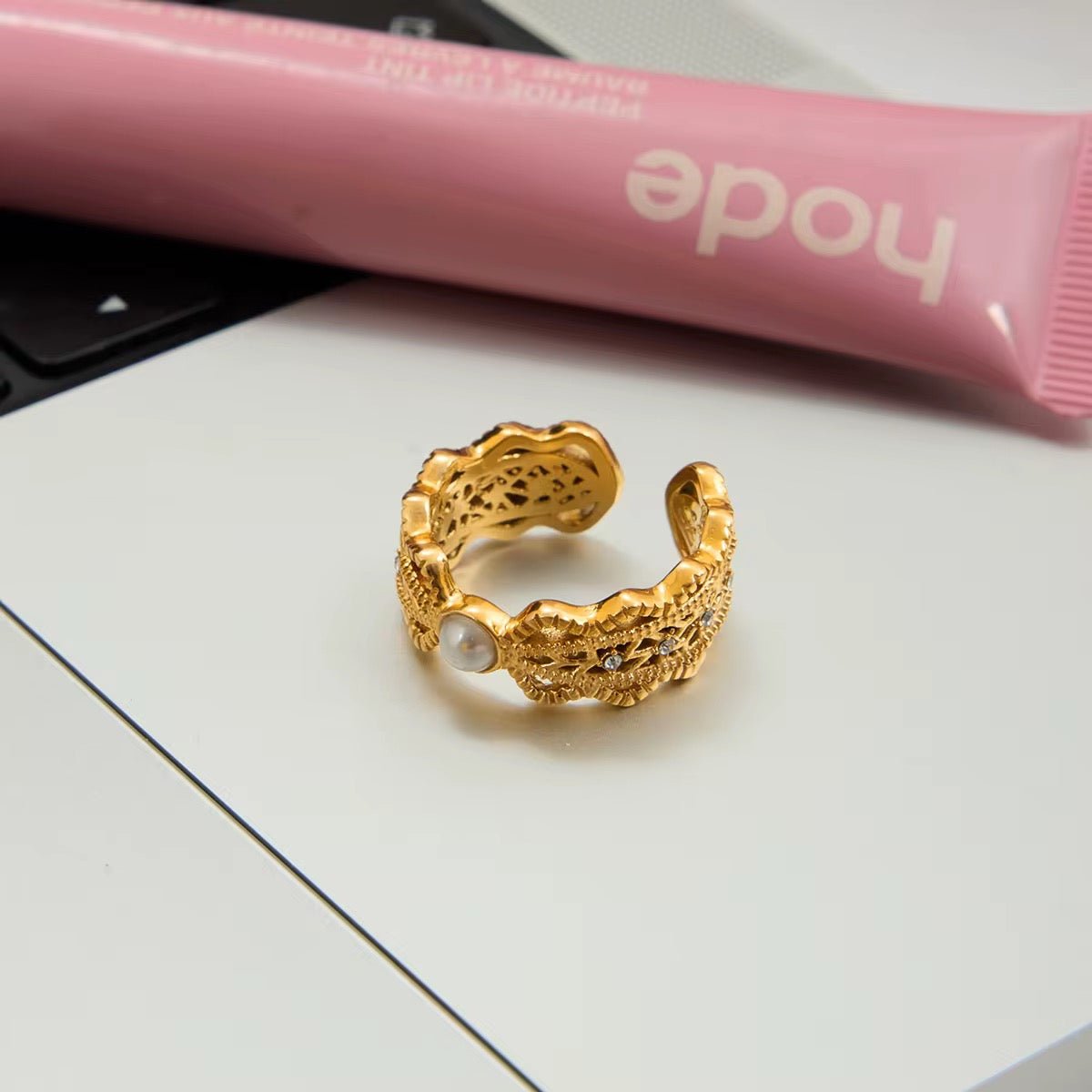 Ballerina’s Pearl Openwork Ring - 18k Gold PVD Plated Stainless Steel & Waterproof - Yadman UK