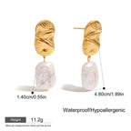Gold earrings with white stones, showing measurements and material details on a white background.