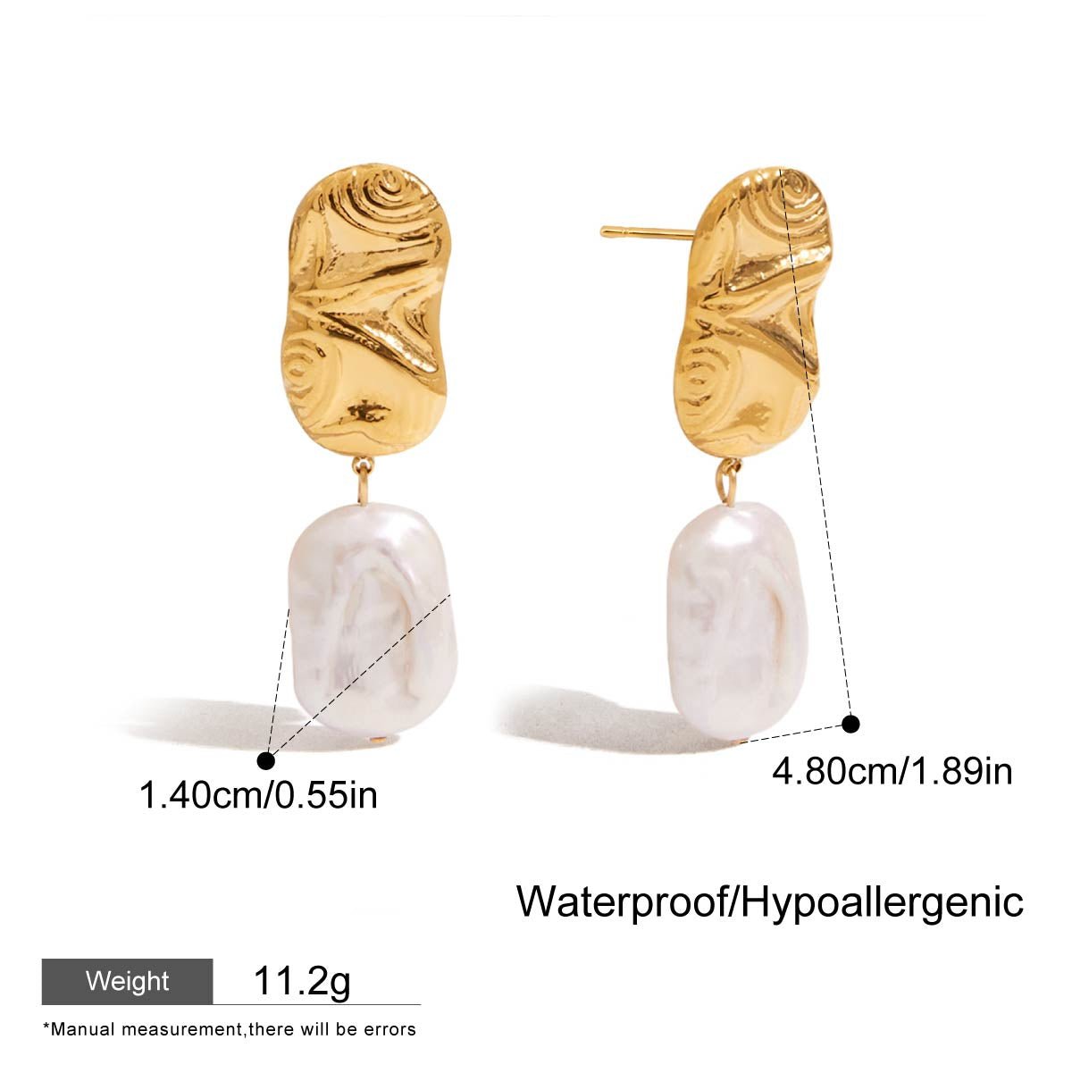 Gold earrings with white stones, showing measurements and material details on a white background.