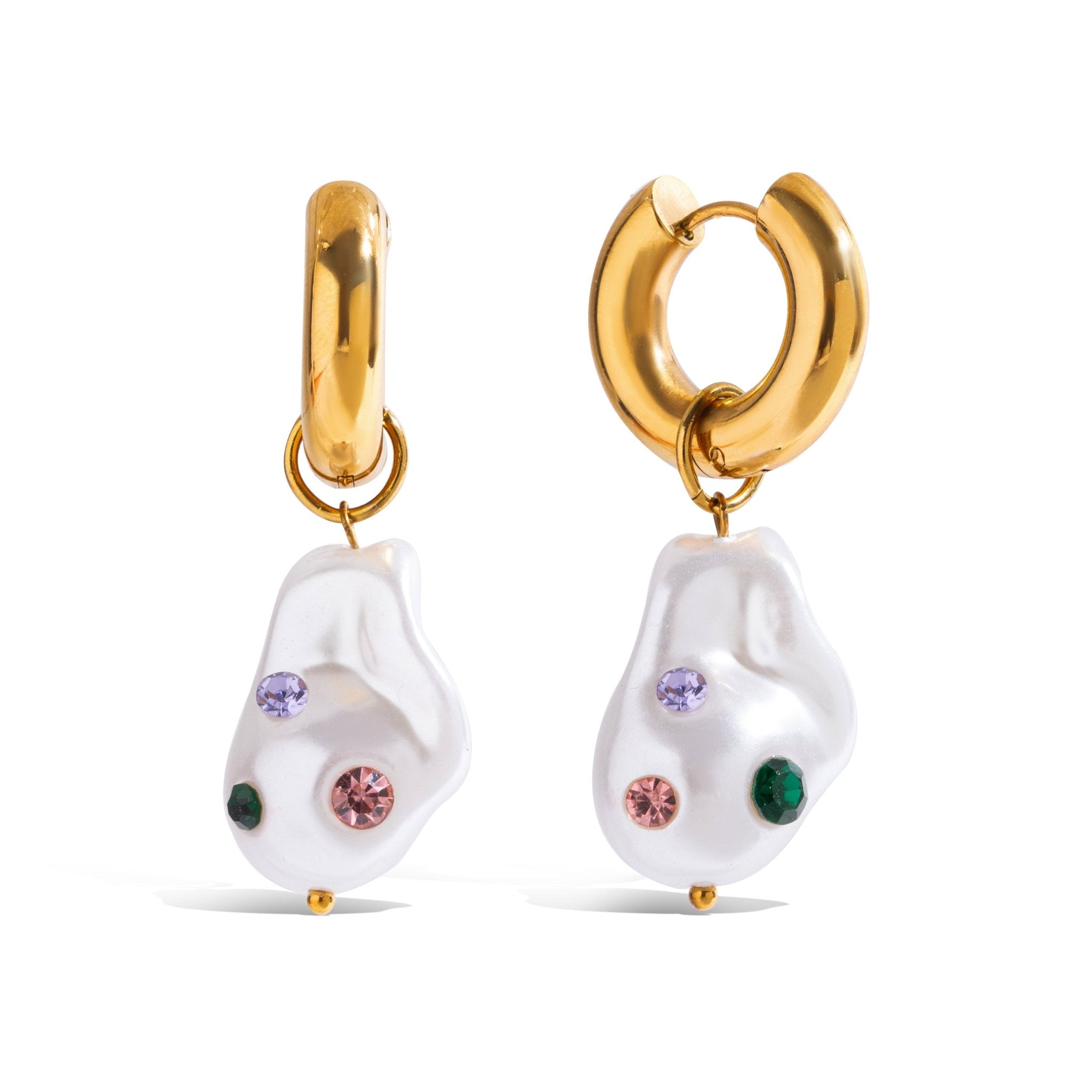 Gold hoop earrings with white dangling charms featuring colorful gemstones on a white background