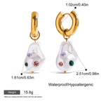 Gold hoop earrings with white pear-shaped stones featuring colored gemstones, shown with measurements and product details.