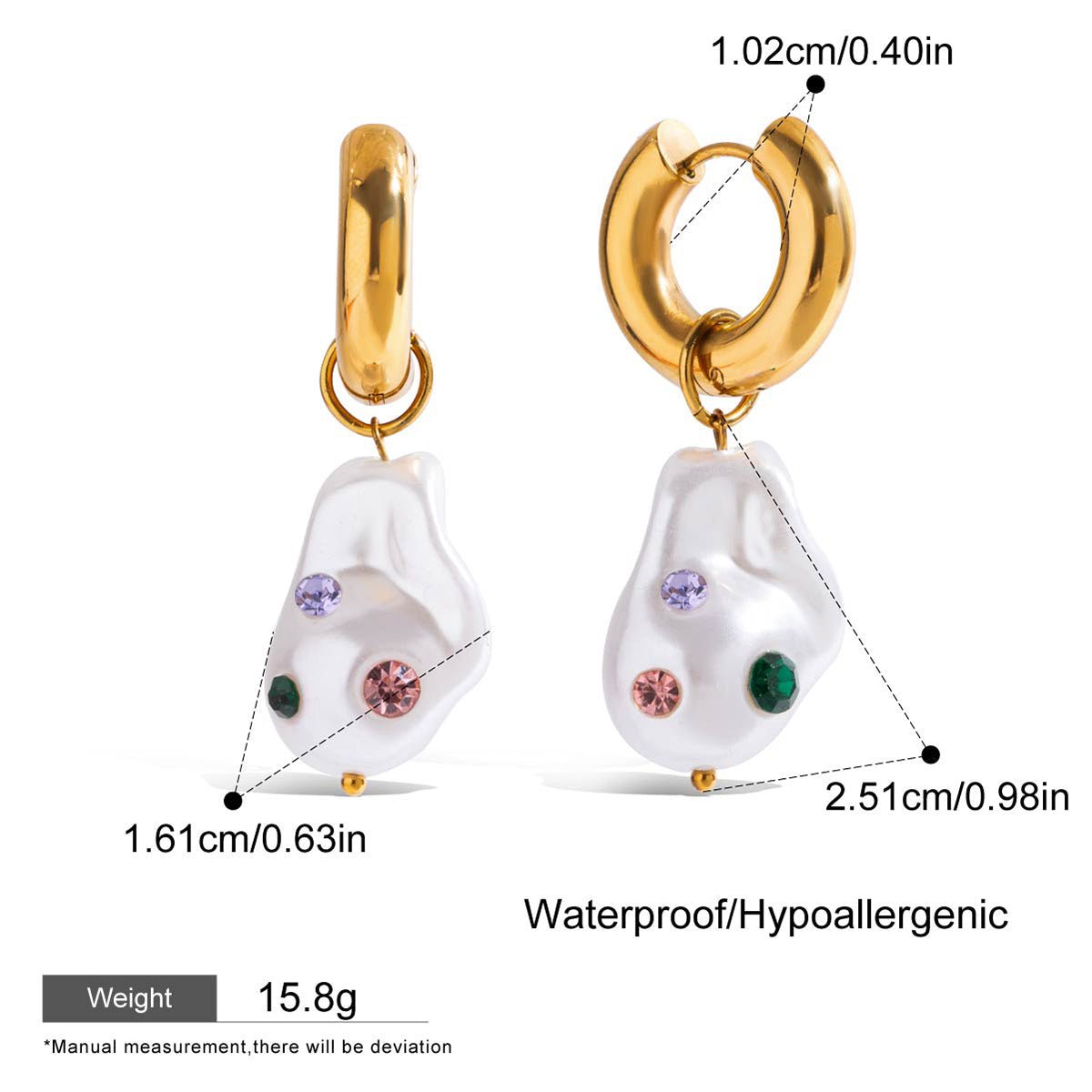 Gold hoop earrings with white pear-shaped stones featuring colored gemstones, shown with measurements and product details.