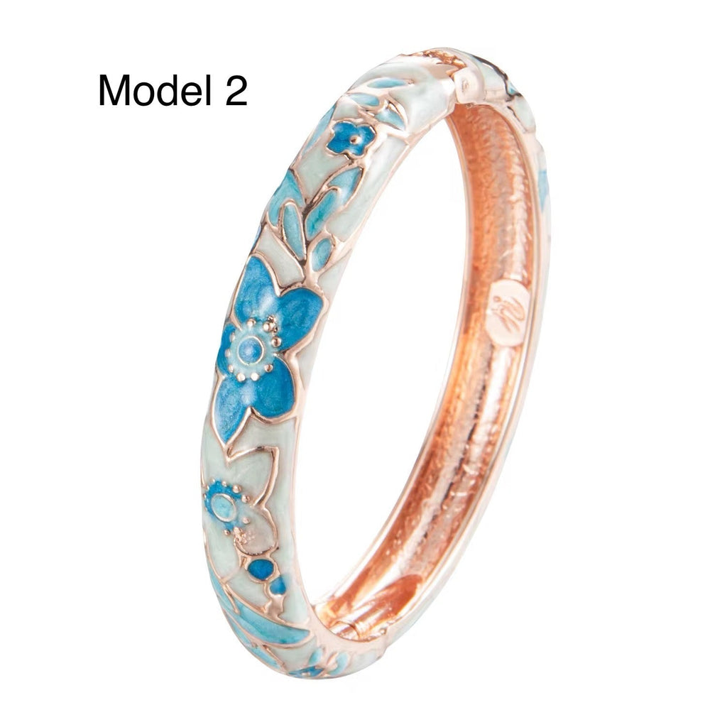 Luxury gold brass bangle with purple blossom enamel artwork