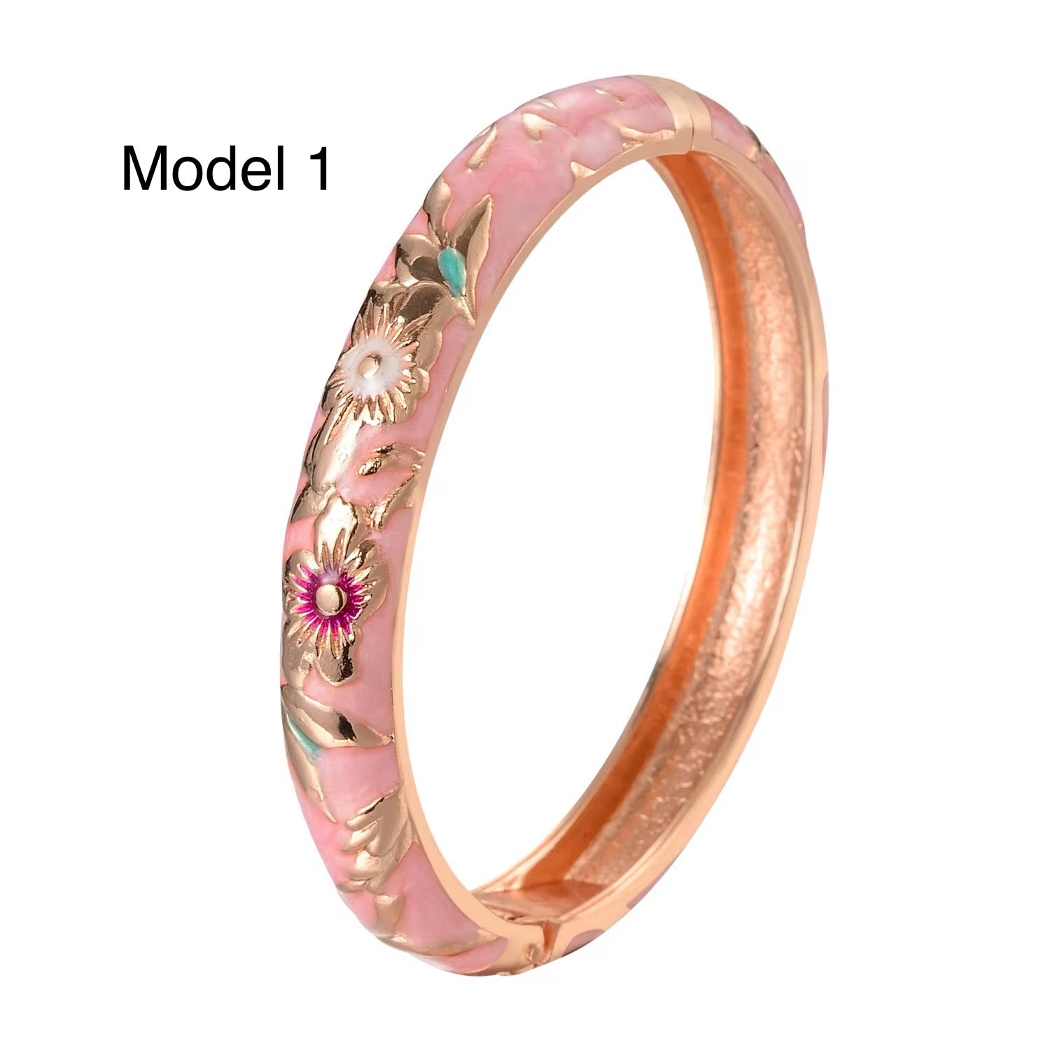 18K gold plated floral enamel bangle in turquoise with pink peony design