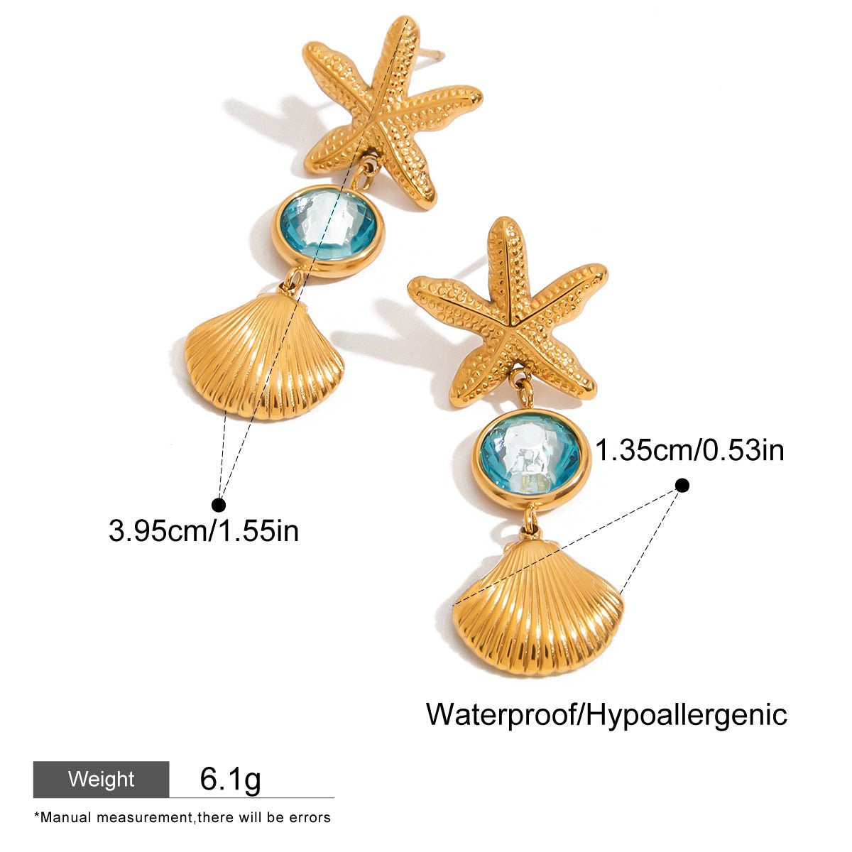Gold starfish and shell earrings with measurements and product details on a white background