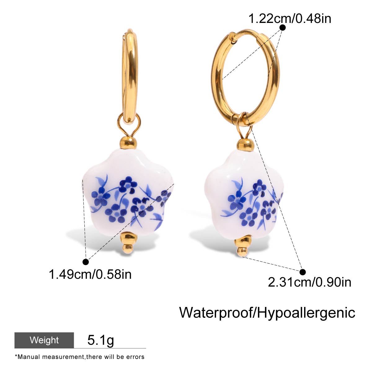 Gold hoop earrings with white and blue floral design, showing measurements and material details.