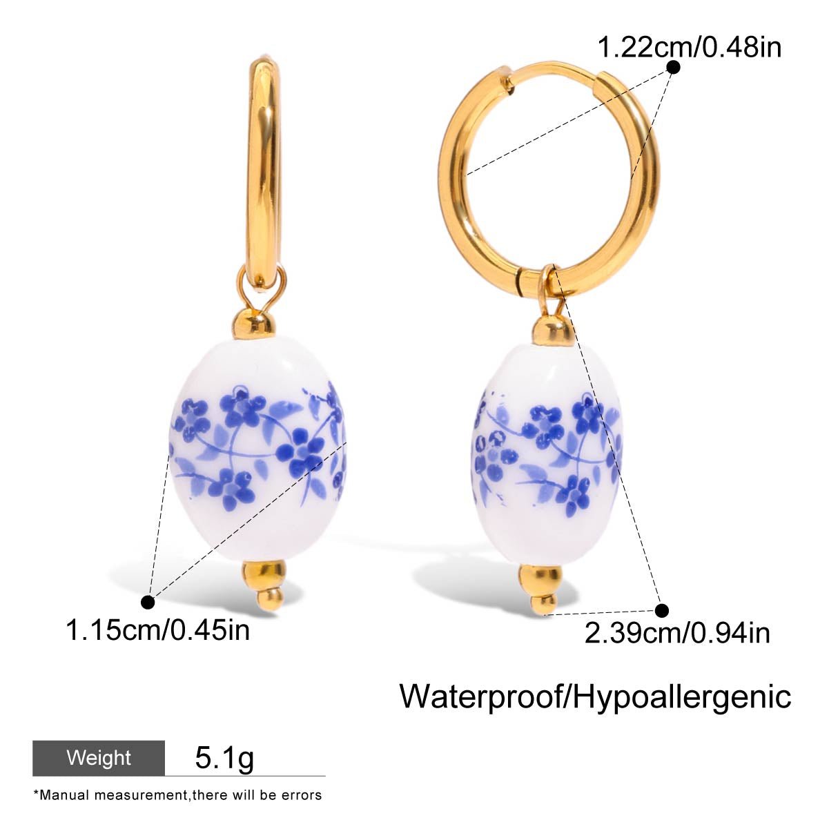 Gold hoop earrings with white beads featuring blue floral patterns, showing measurements and product details.