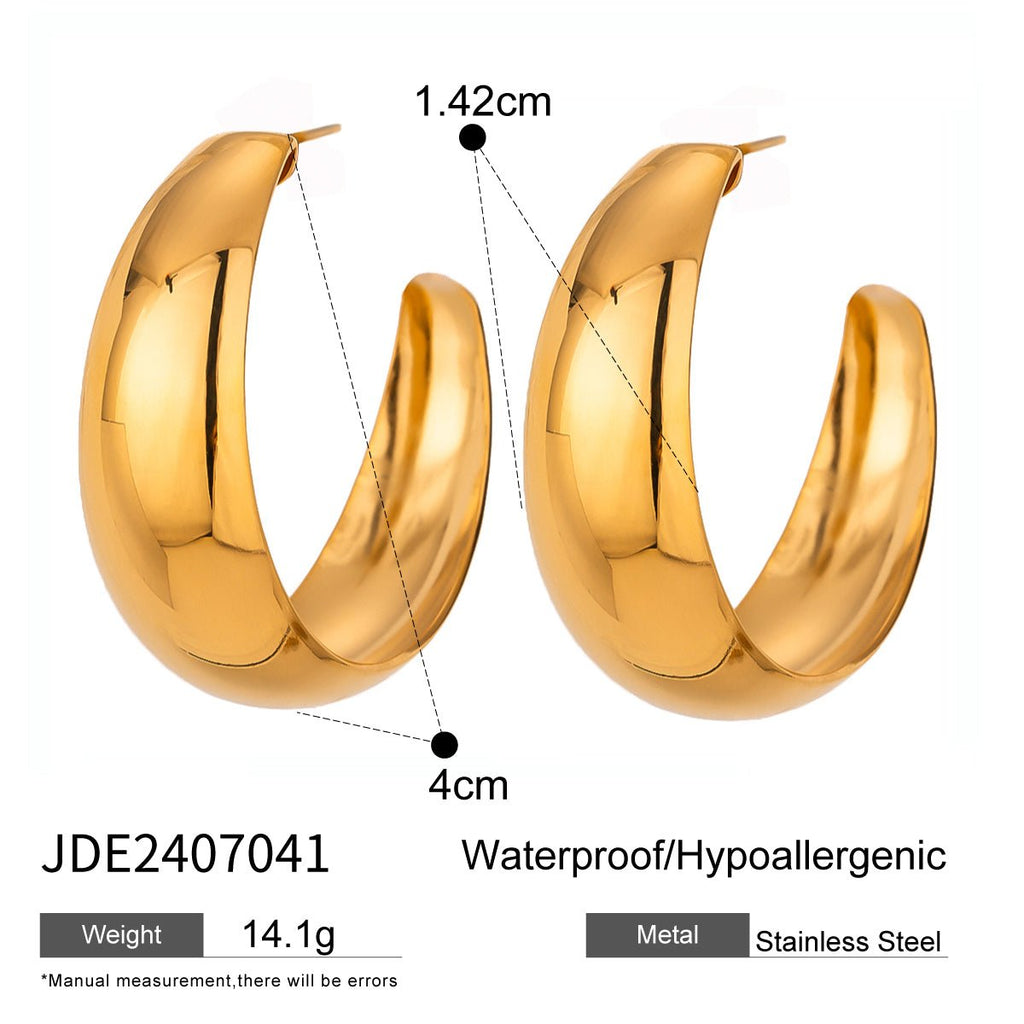 Gold hoop earrings with measurements and product details on a white background