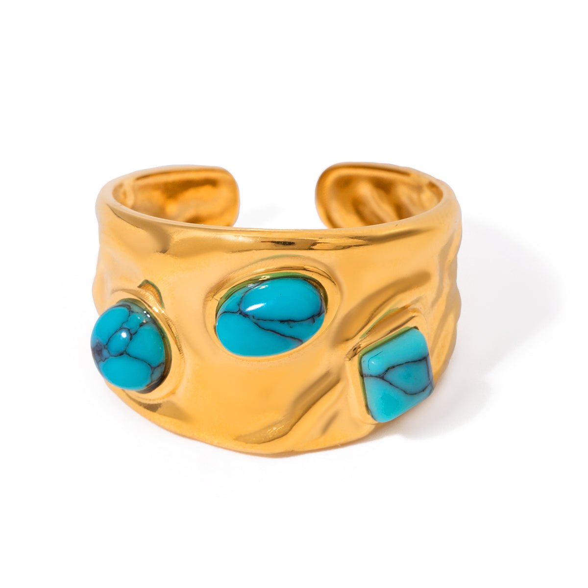 Gold bracelet with turquoise stones on a white background