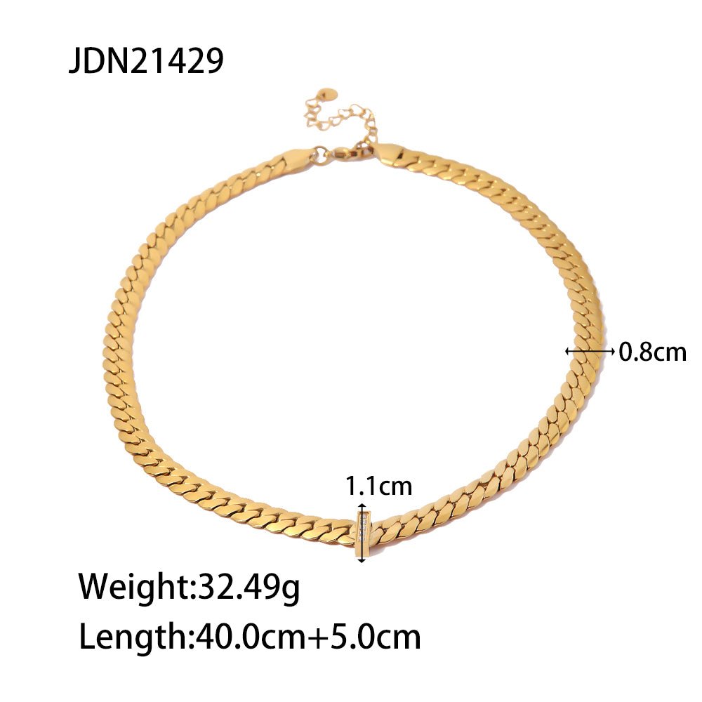 Gold chain necklace with measurements on a white background