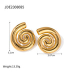 Gold spiral earrings with measurements and weight on a white background
