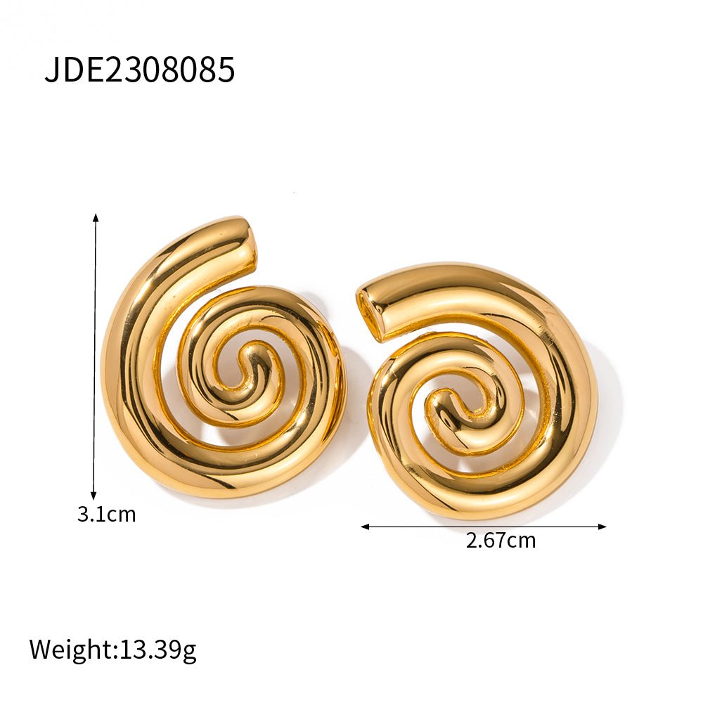 Gold spiral earrings with measurements and weight on a white background