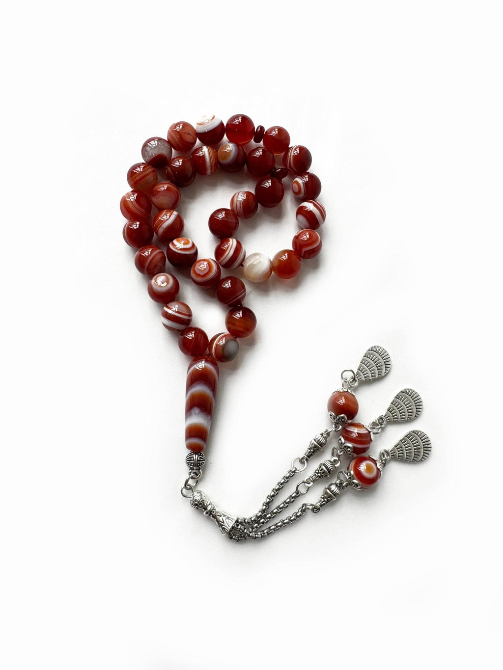 Islamic misbaha with 33 polished brown agate (Aghigh) beads – 8mm prayer tasbih