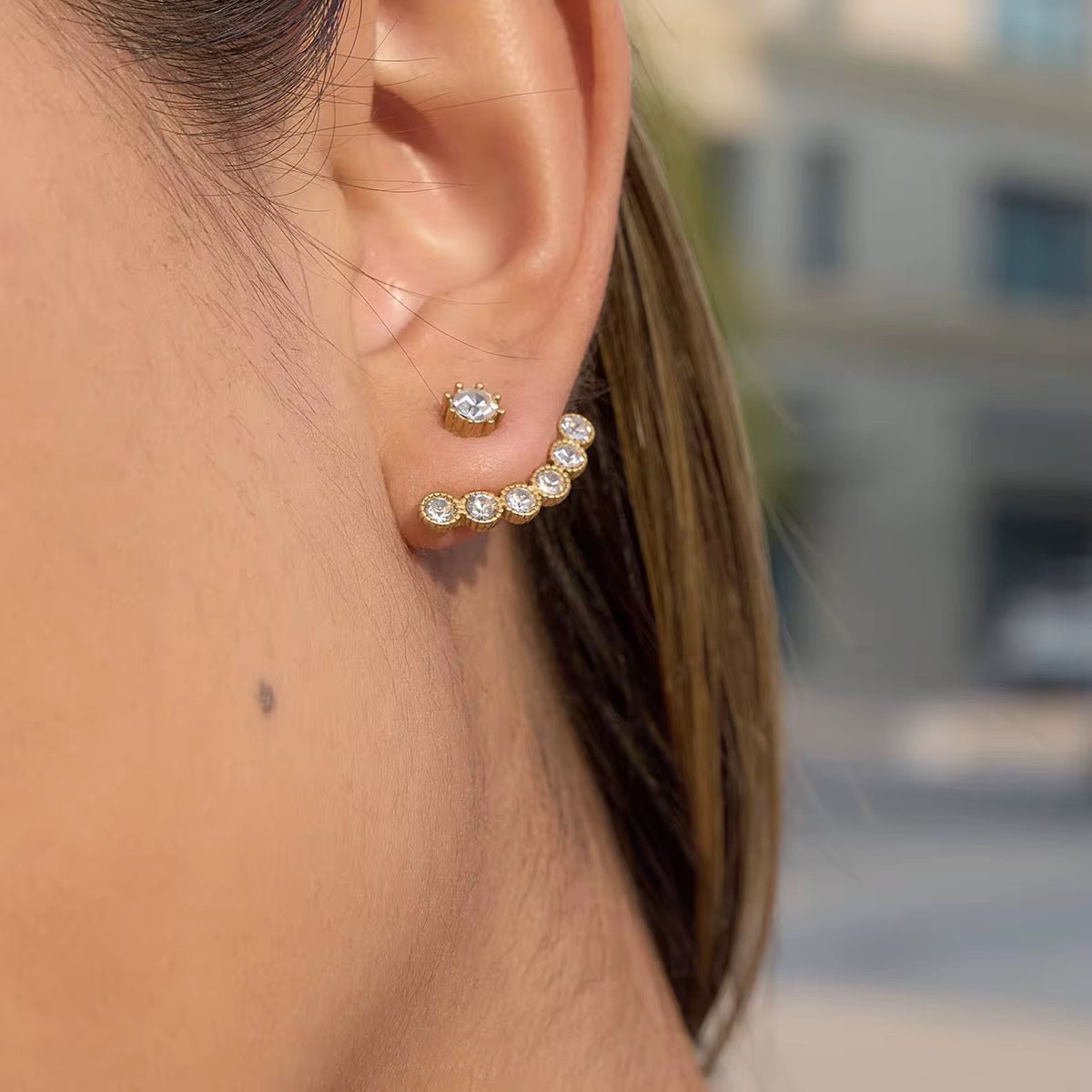 Celeste Crystal Arc Ear Jacket Earrings - 18k Gold PVD Plated Stainless Steel & Waterproof - Yadman UK