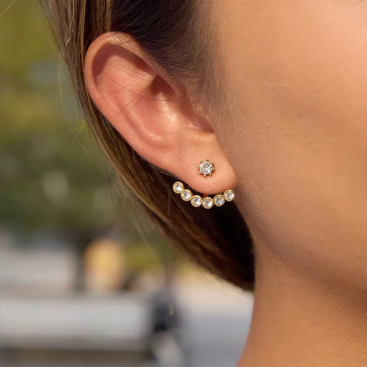 Celeste Crystal Arc Ear Jacket Earrings - 18k Gold PVD Plated Stainless Steel & Waterproof - Yadman UK