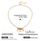 Gold necklace with measurements and product details on a white background