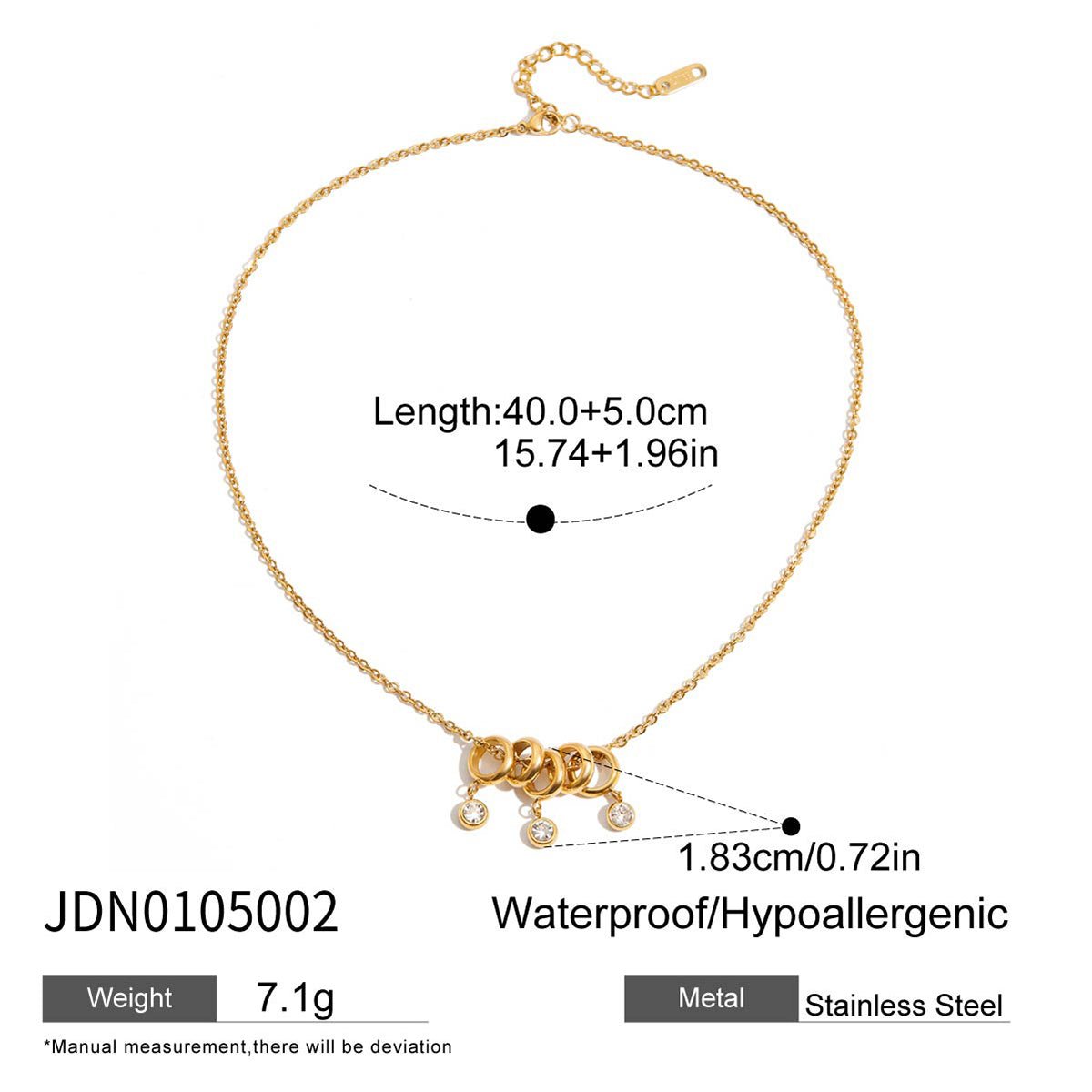 Gold necklace with measurements and product details on a white background