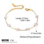 Gold bracelet with pearls on a white background, showing measurements and product details.