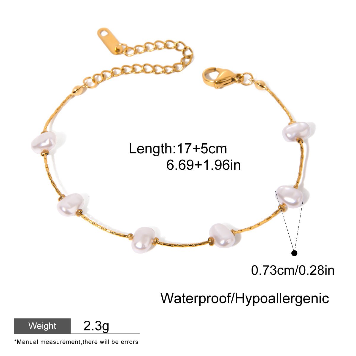 Gold bracelet with pearls on a white background, showing measurements and product details.
