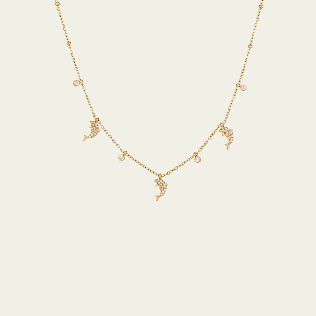 Dolphin Dance Crystal Charm Necklace - 18k Gold PVD Plated Stainless Steel & Waterproof - Yadman UK
