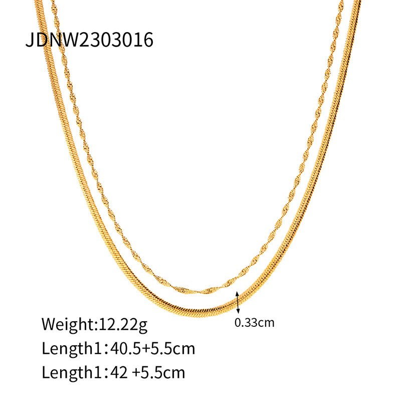 Gold chain necklace with measurement details on a white background