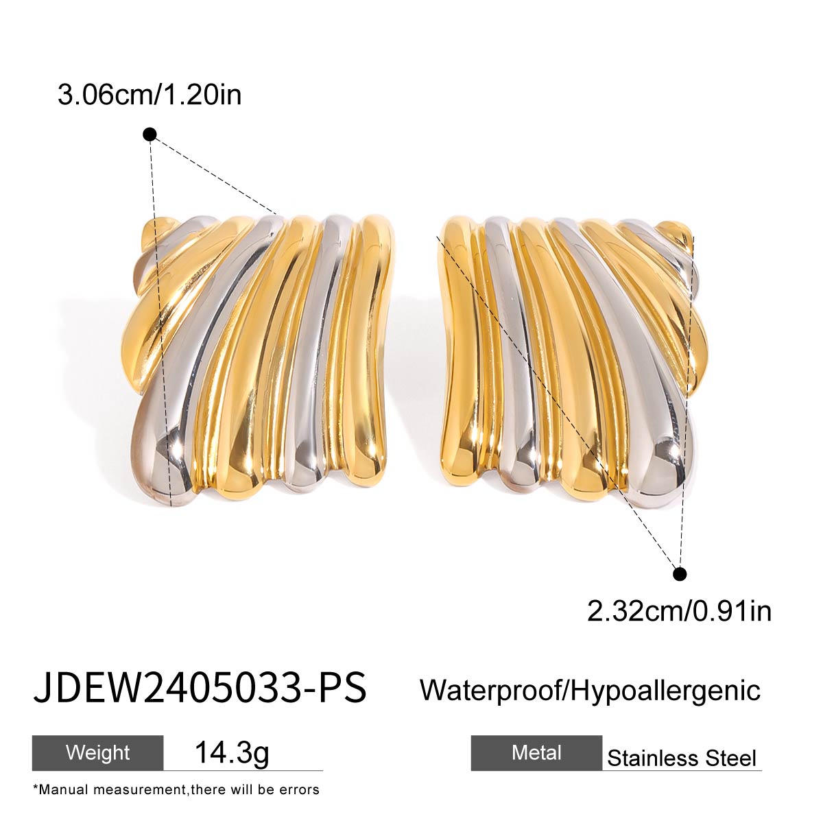 Gold and silver earrings with measurements and product details on a white background