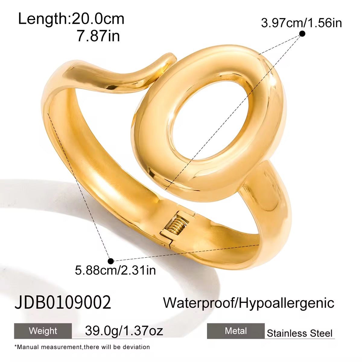 Gold ring with measurements and product details on a white background