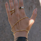 Hand wearing multiple gold rings and a bracelet against a neutral background