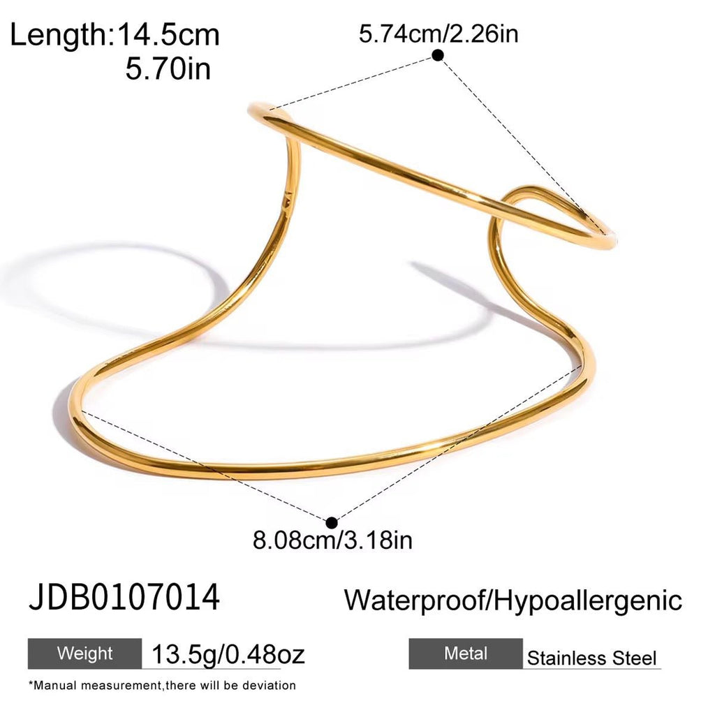 Gold bracelet with measurements and product details on a white background