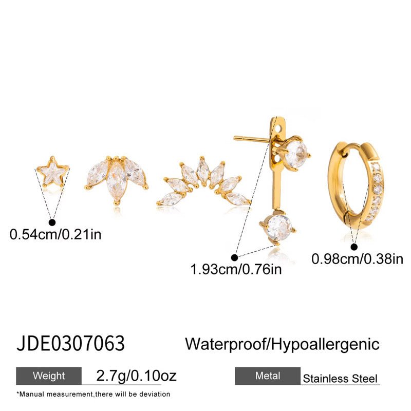 Gold earrings with measurements and product details on a white background